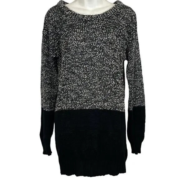 French Connection Women's 100% Cotton Tweed Long Line Gray Black Sweater sz M - Picture 1 of 12